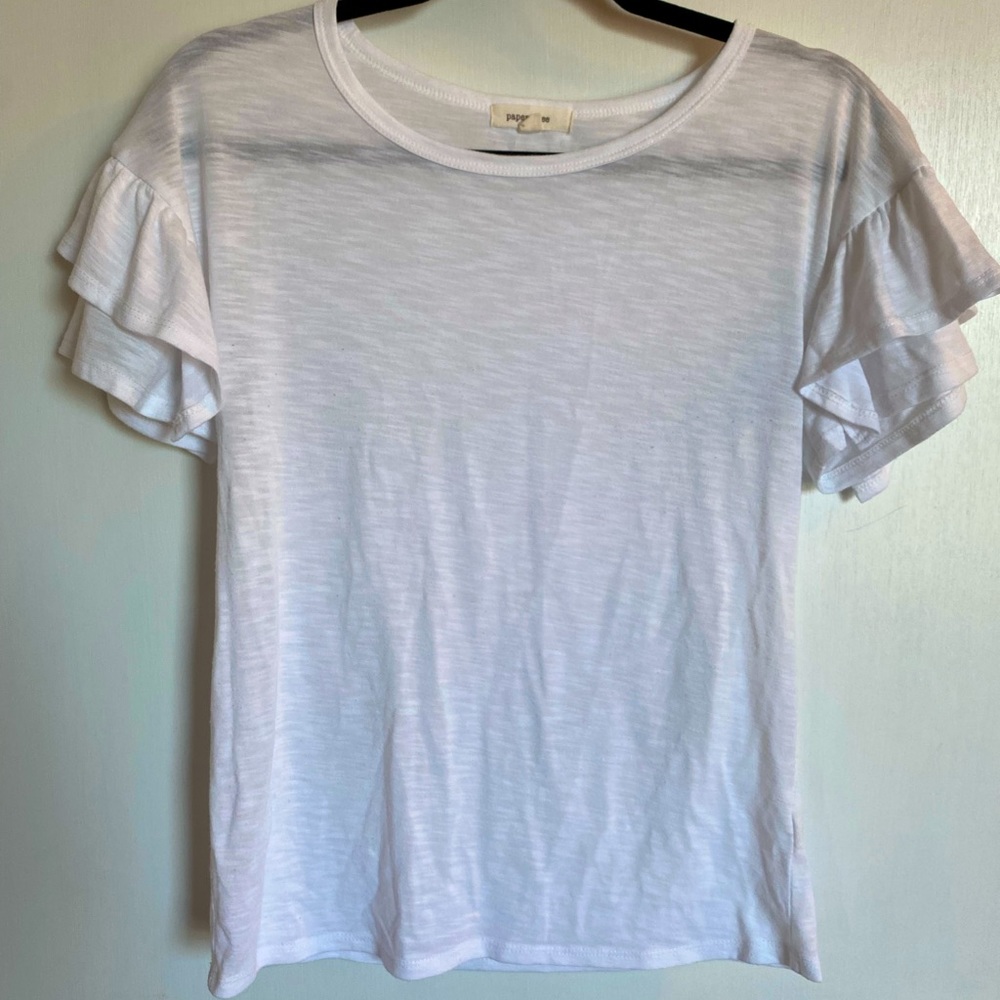 White T with ruffled accent sleeve